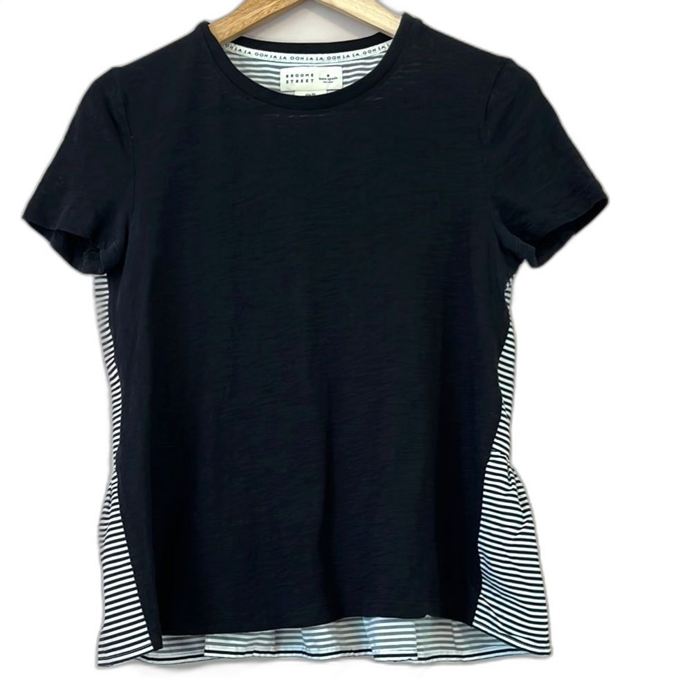 Kate Spade Broome Street Peplum Tee Sz XS Ruffle Black Stripe Spring Cotton Twee